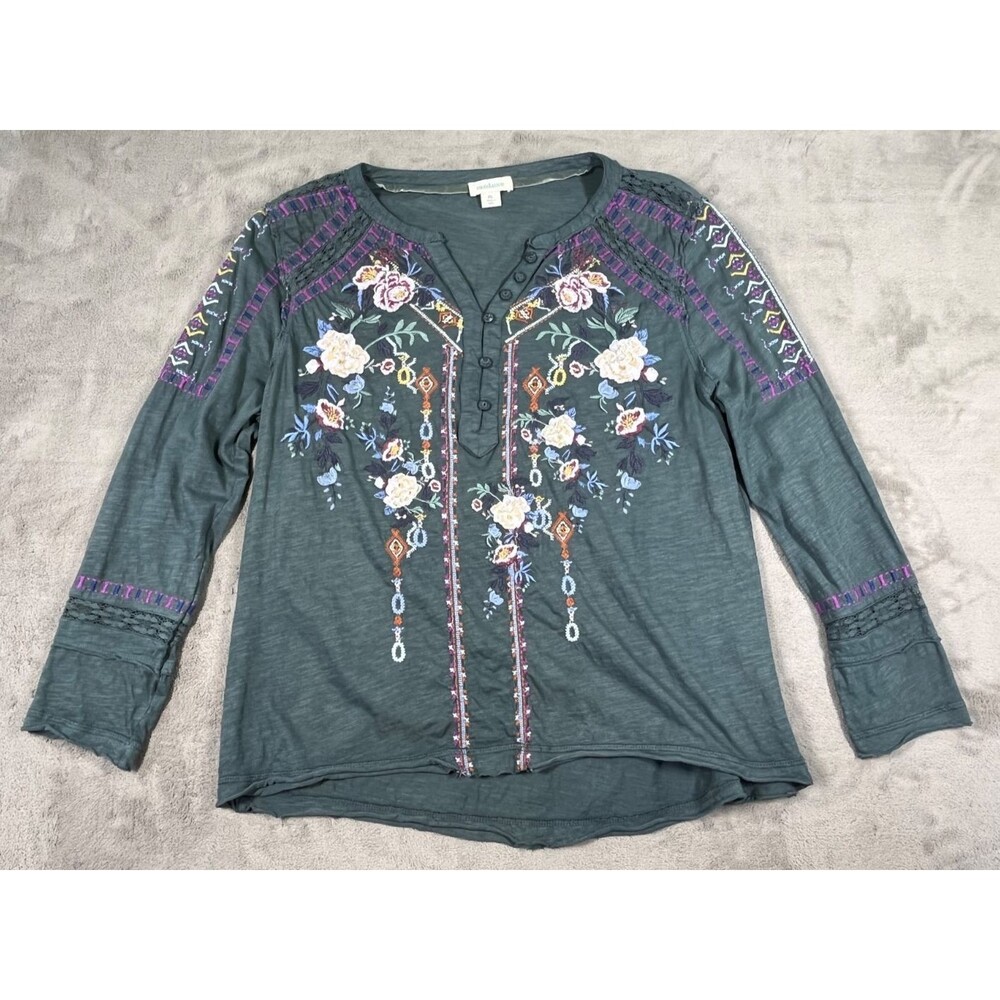 Sundance Fairfax Henley Top Floral Embroidered Size Large PETITE Gray-Green